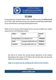 TC Yasa office closure notice
